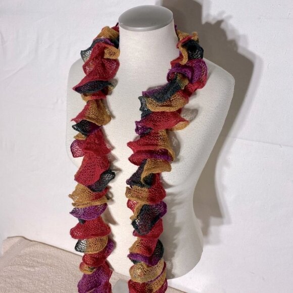 5/$25 Vintage Y2K Multicolour Ruffle Knit Skinny Fashion Scarf - Picture 7 of 7